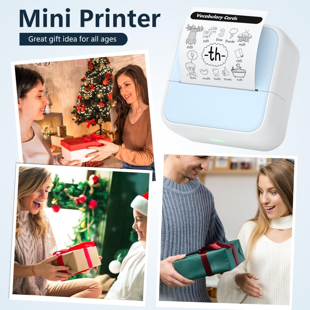 Mini Drucker Thermo, Kleiner Fotodrucker Für Smartphone Bluetooth Taschendrucker Mit 5 Papierrollen, Tragbarer Mini Printer Thermodrucker Für Studiennotizen Fotos Memo Liste, Blau
