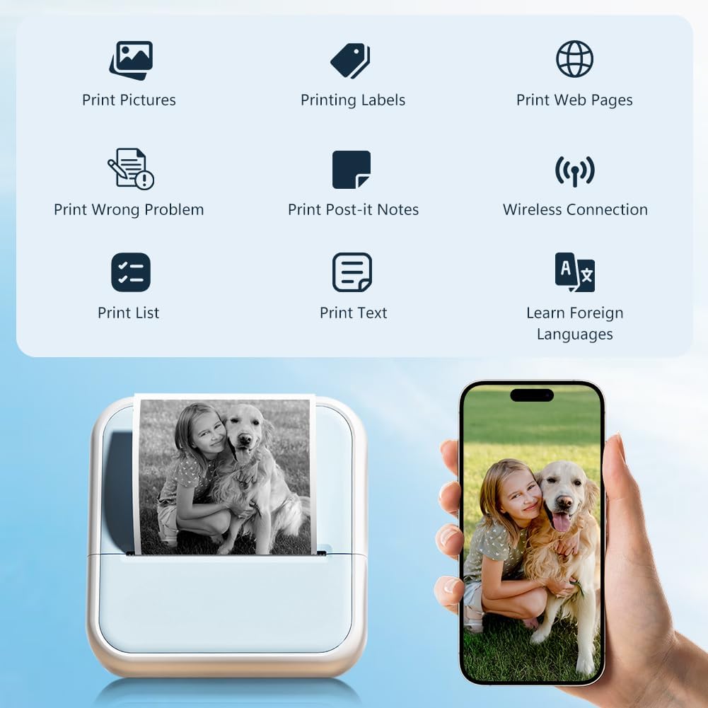 Mini Drucker Thermo, Kleiner Fotodrucker Für Smartphone Bluetooth Taschendrucker Mit 5 Papierrollen, Tragbarer Mini Printer Thermodrucker Für Studiennotizen Fotos Memo Liste, Blau