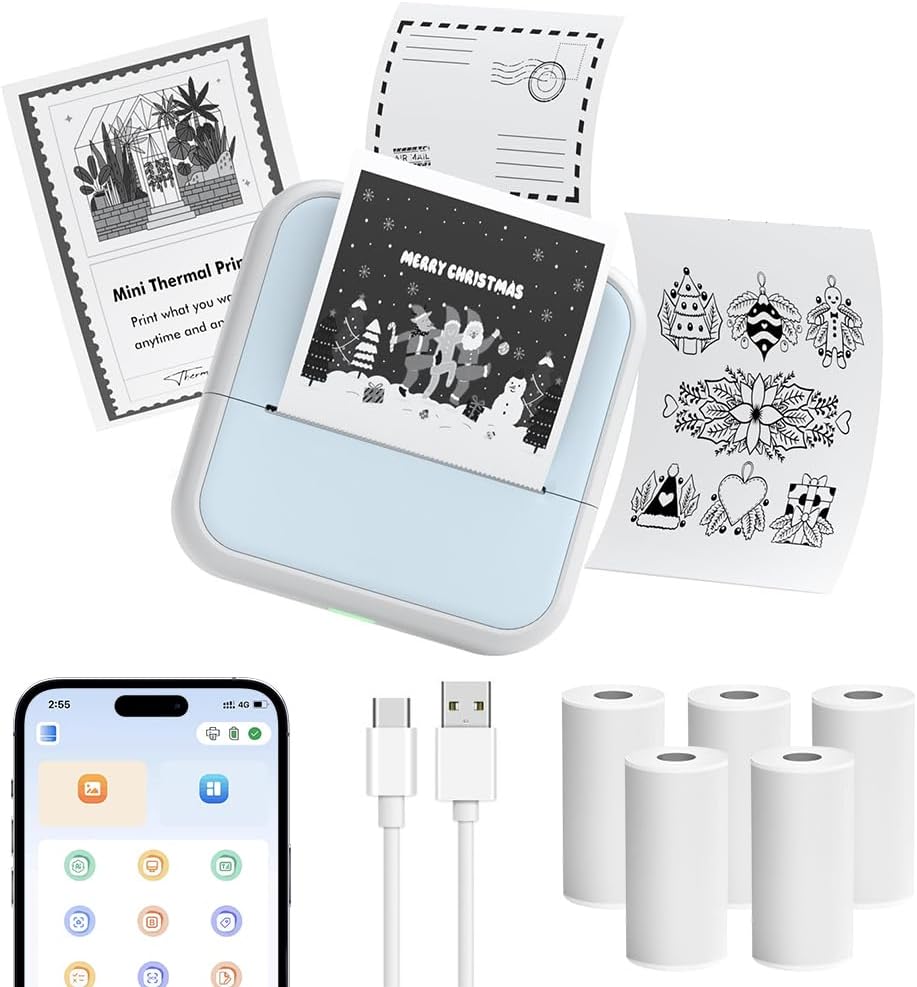 Mini Drucker Thermo, Kleiner Fotodrucker Für Smartphone Bluetooth Taschendrucker Mit 5 Papierrollen, Tragbarer Mini Printer Thermodrucker Für Studiennotizen Fotos Memo Liste, Blau