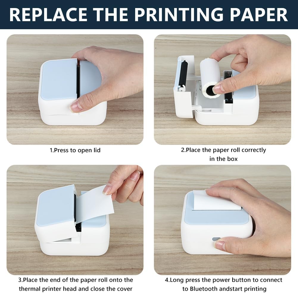 Mini Drucker Thermo, Kleiner Fotodrucker Für Smartphone Bluetooth Taschendrucker Mit 5 Papierrollen, Tragbarer Mini Printer Thermodrucker Für Studiennotizen Fotos Memo Liste, Blau