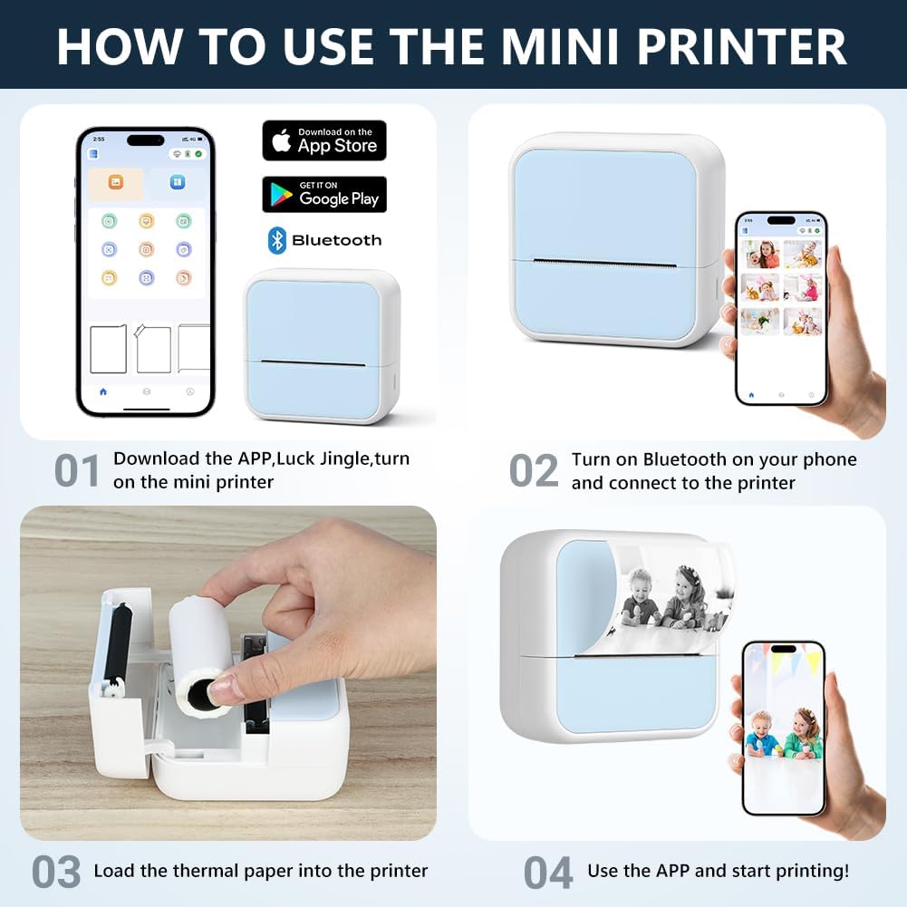 Mini Drucker Thermo, Kleiner Fotodrucker Für Smartphone Bluetooth Taschendrucker Mit 5 Papierrollen, Tragbarer Mini Printer Thermodrucker Für Studiennotizen Fotos Memo Liste, Blau